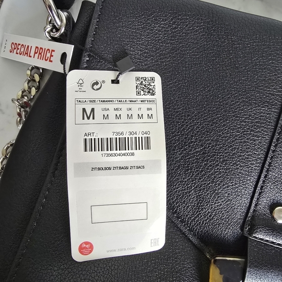 ZARA, New, Black Vegan Leather Tortoise Silver Chain Crossbody Handbag Purse - Picture 11 of 12